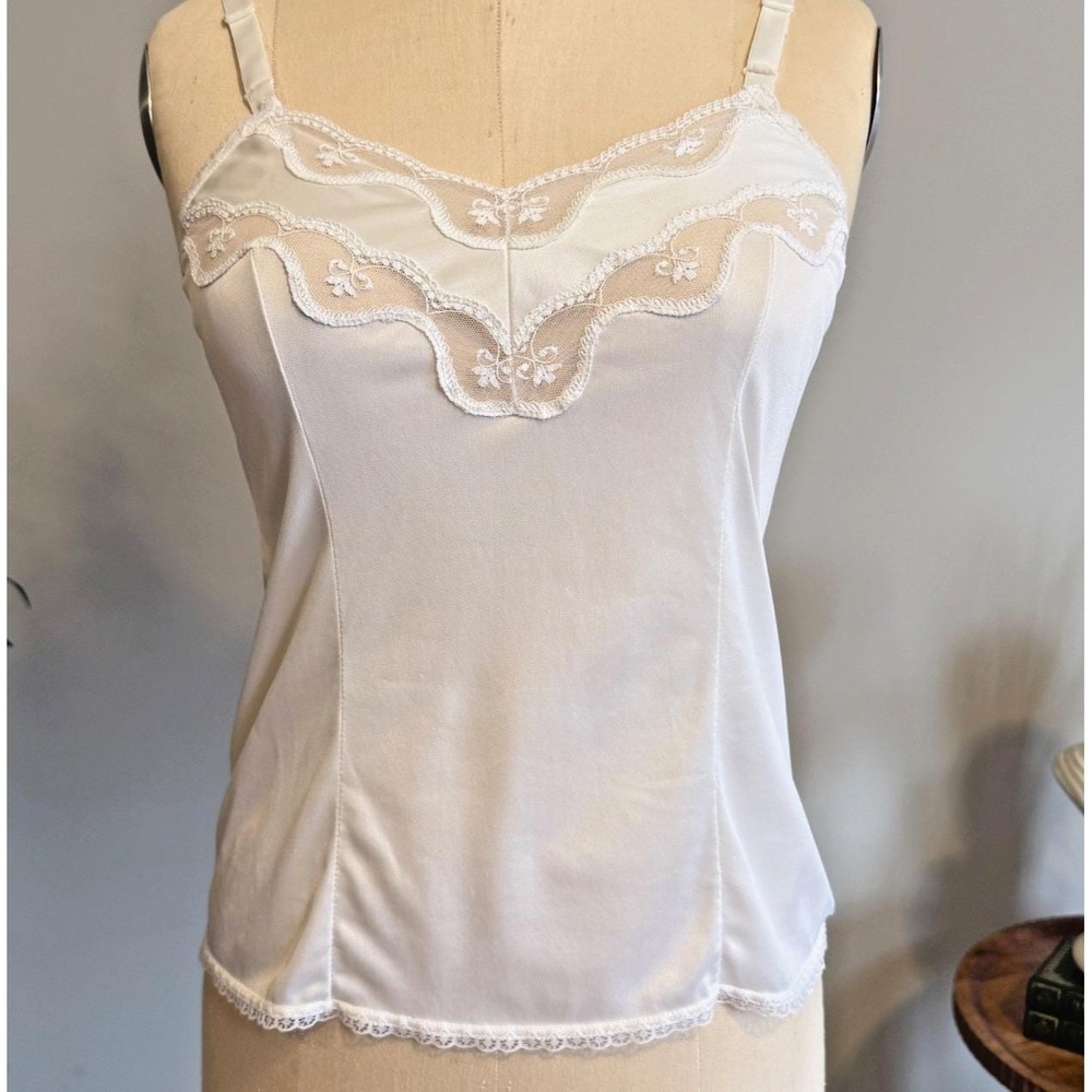 Vintage White Nylon Camisole Embroidered Sheer Lace Trim Adjustable Straps Cami